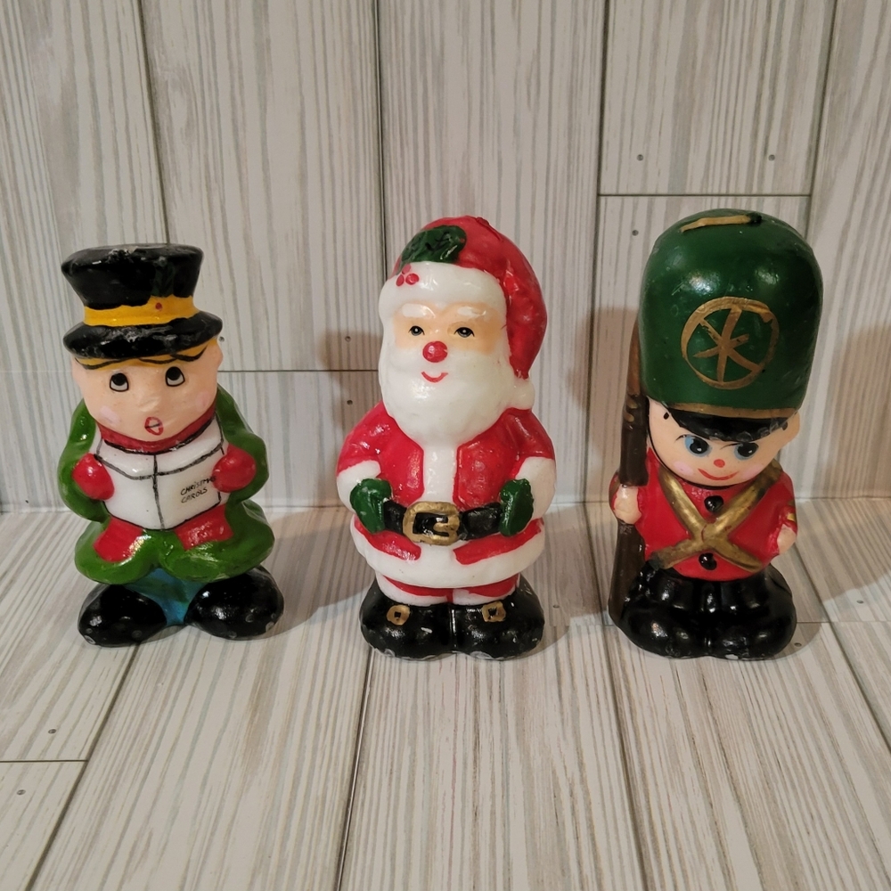 3 INTERPUR Vintage 5” Holiday Candles – Caroler, Santa and Toy Soldier